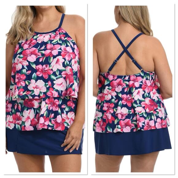 New Maxine of Hollywood Floral High Neck Double Ruffle Tankini Swim Top Size 16W - Picture 2 of 12